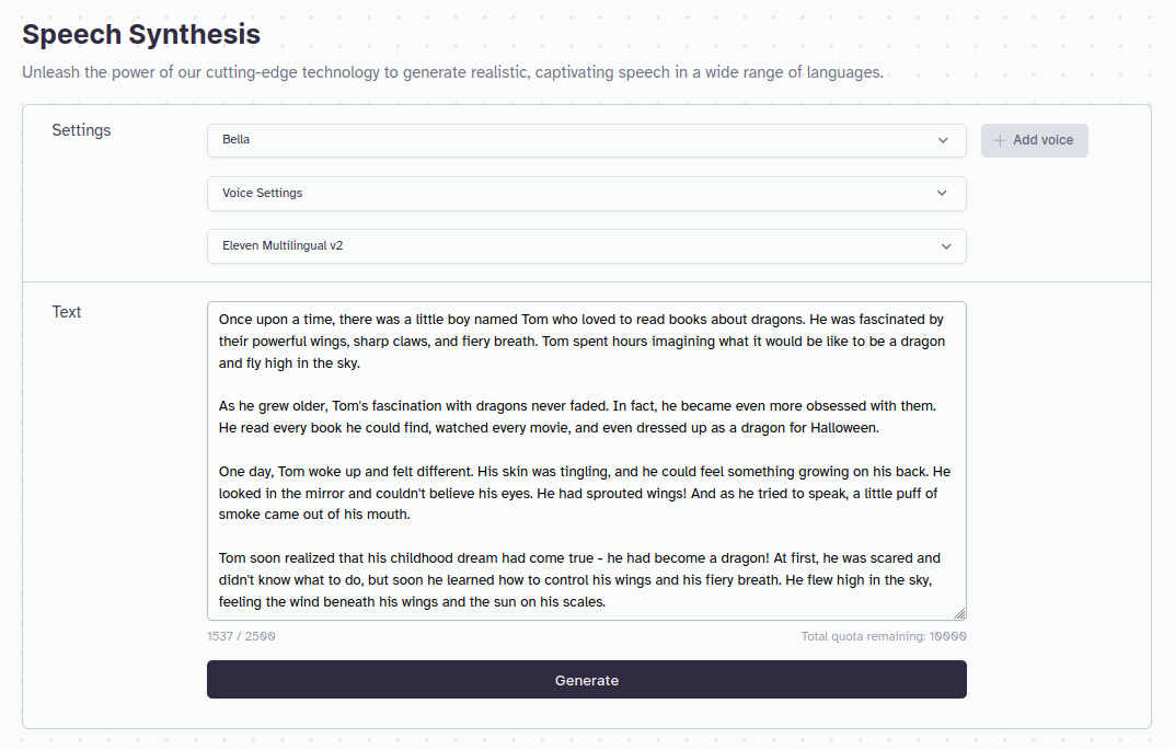 A screenshot of ElevenLabs' Speech Synthesis